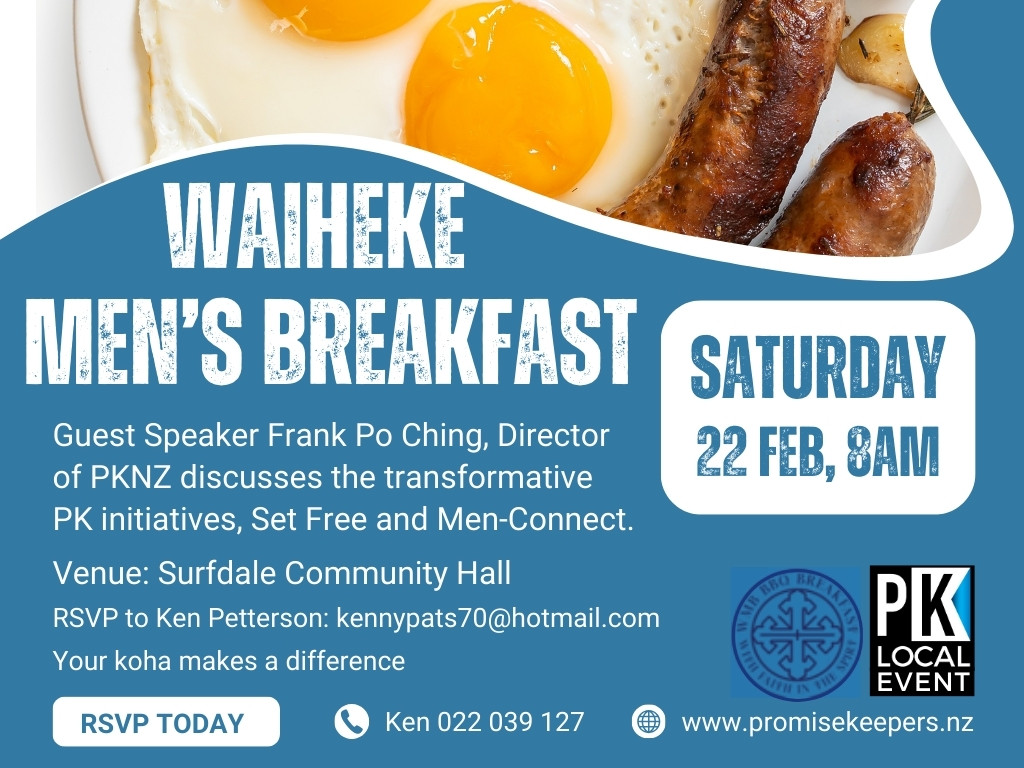 Waiheke Men's Breakfast on Saturday 22 Feb at Surfdale Community Hall, Waiheke Island, Auckland