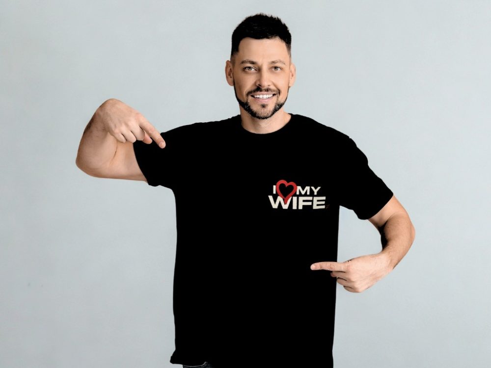 Man wearing I love my wife tshirt