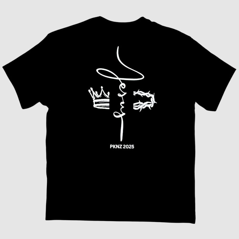 Black T-Shirt with is a powerful image of the cross with the words Jesus and crown of thorns.