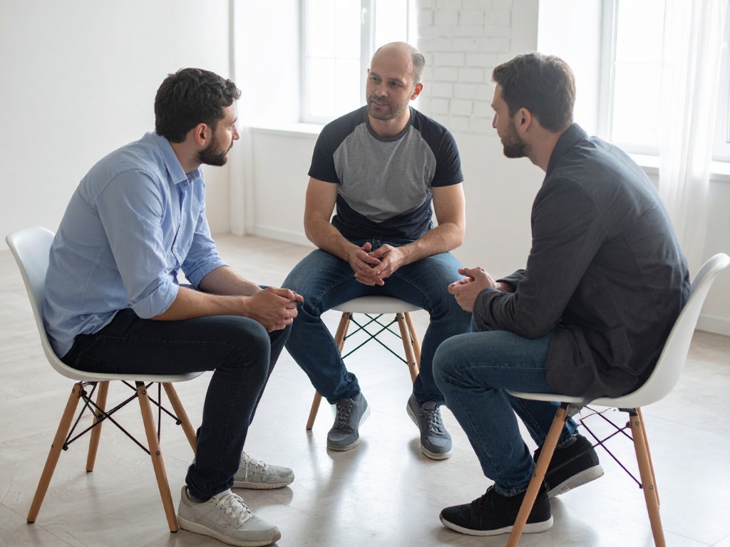 Men listening to each other, support group,
