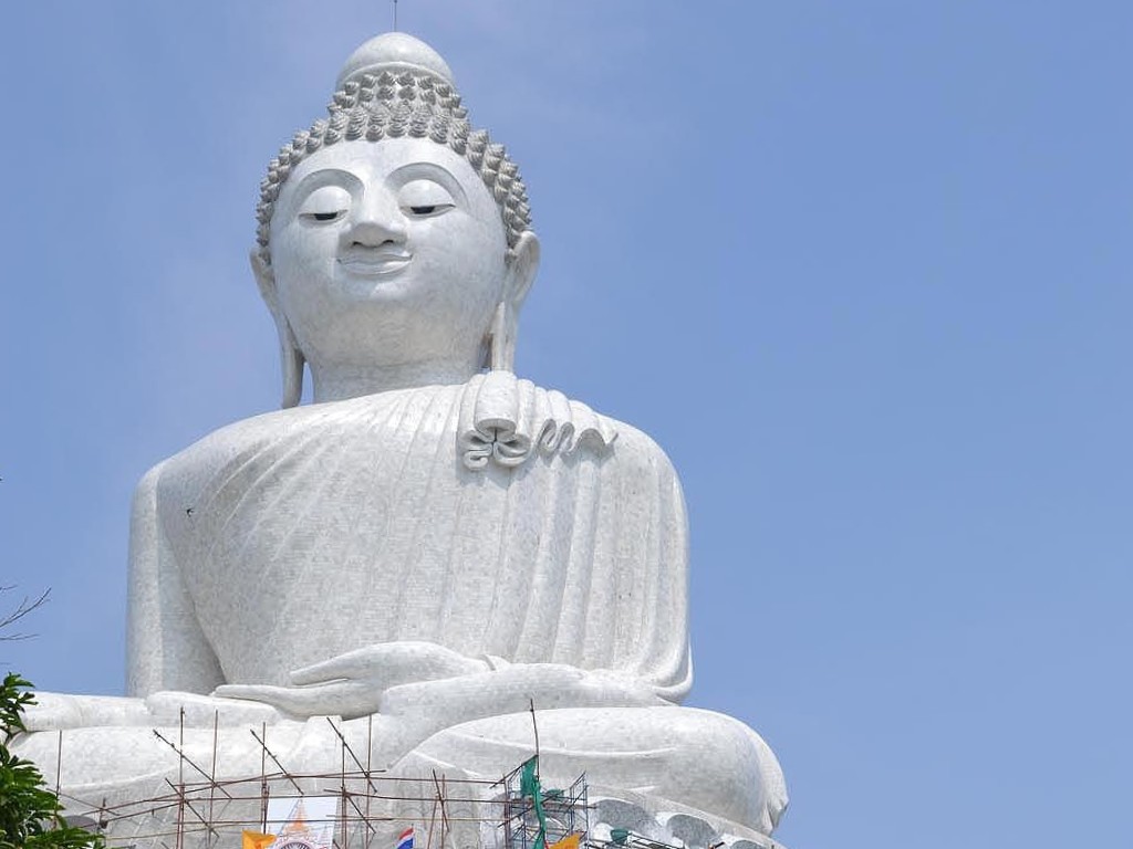Phuket Big Buddha in Phuket, Thailand. The reinforced concrete statue, which is covered in white jade marble, stands 45 meters tall.
